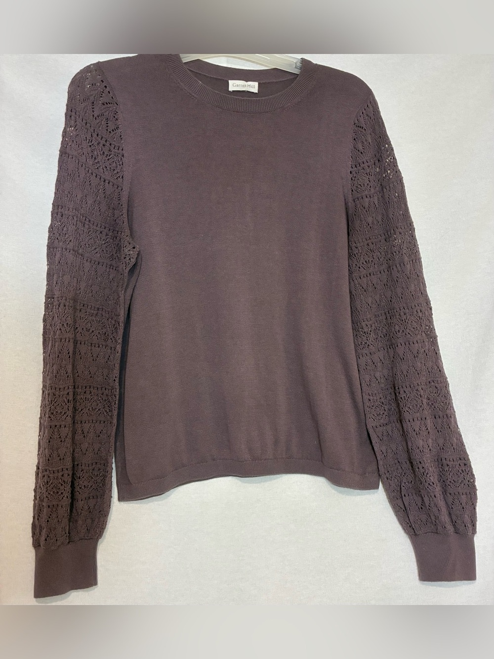 Garnet Hill Women's 100% Pima Cotton Crochet Balloon Sleeve Sweater Size Large